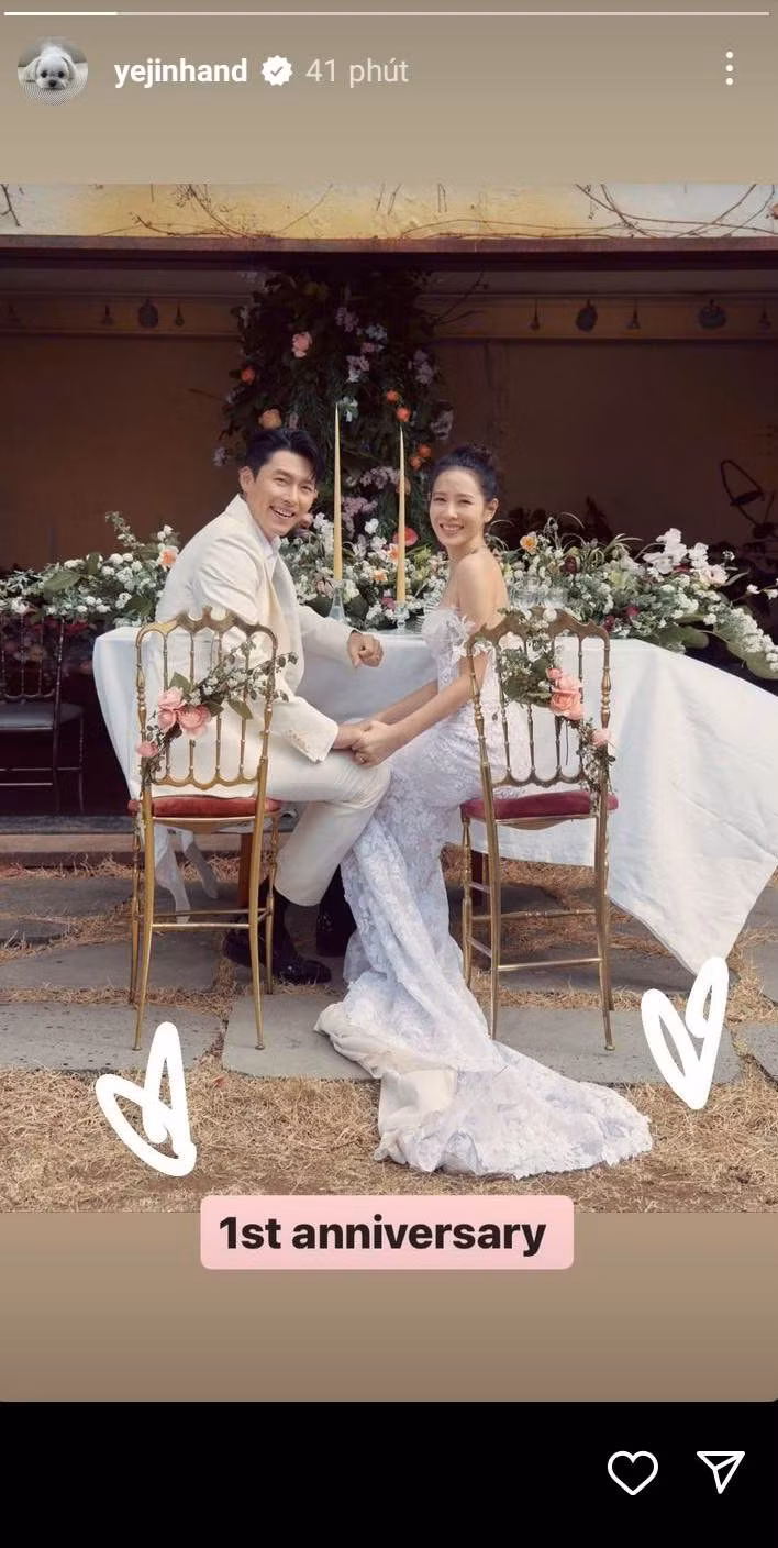 Trước đó, ngày 31/3, đúng kỷ niệm 1 năm ngày cưới, Son Ye Jin chia sẻ lên Story Instagram cá nhân một bức ảnh cưới mới toanh.