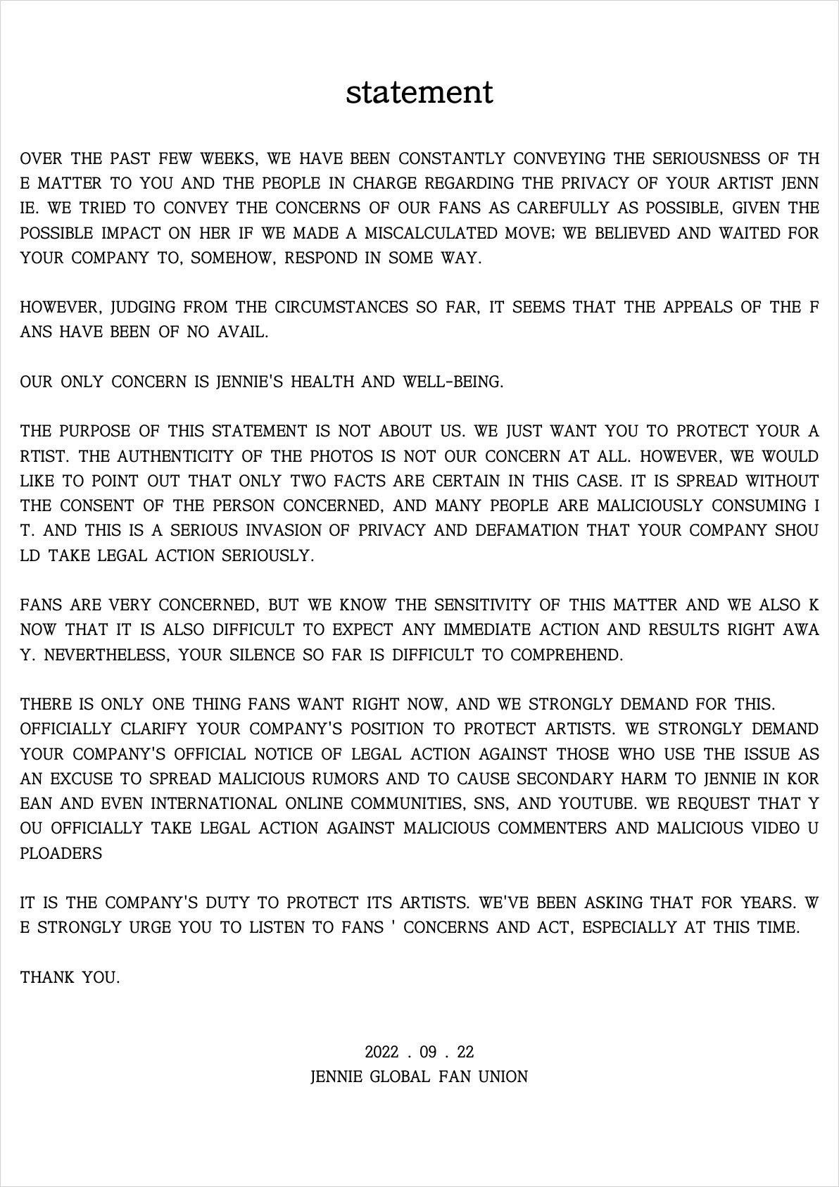 Thông báo của fanbase gửi tới YG Ent. Thông báo của fanbase gửi tới YG Ent.