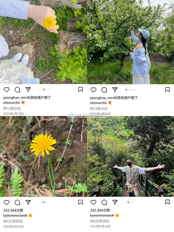Ngày 30/4/2022, cả hai cùng đăng ảnh với hoa vàng và cây xanh.