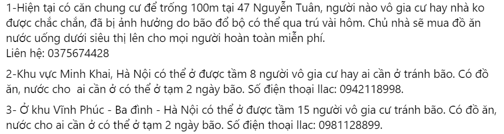 Thông tin về những "tọa độ" đón người dân tới tránh bão được cư dân mạng chia sẻ khắp các nền tảng mạng xã hội, để lại dưới khu bình luận các bài đăng với hy vọng lan tỏa và hỗ trợ được nhiều người nhất có thể. Thông tin về những "tọa độ" đón người dân tới tránh bão được cư dân mạng chia sẻ khắp các nền tảng mạng xã hội, để lại dưới khu bình luận các bài đăng với hy vọng lan tỏa và hỗ trợ được nhiều người nhất có thể.