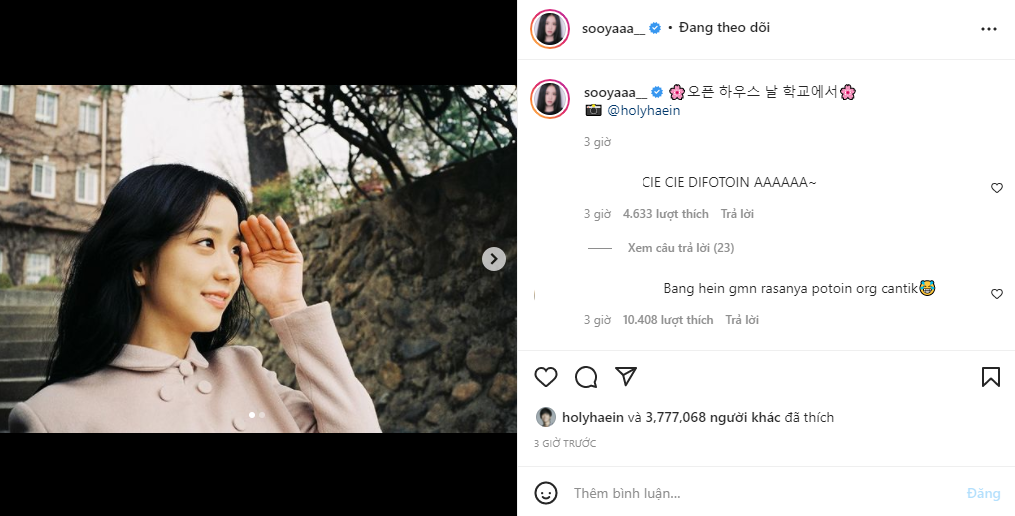 Jisoo cũng tag tên "phó nháy" Jung Hae In và nam diễn viên cũng không ngại "thả tim" bài viết của bạn diễn. Jisoo cũng tag tên "phó nháy" Jung Hae In và nam diễn viên cũng không ngại "thả tim" bài viết của bạn diễn.