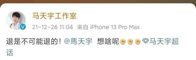 Phía phòng làm việc của Mã Thiên Vũ cũng "hờn dỗi" phản đối mong muốn của nam diễn viên trên Weibo: “Giải nghệ là không được đâu, bạn đang nghĩ gì vậy”.