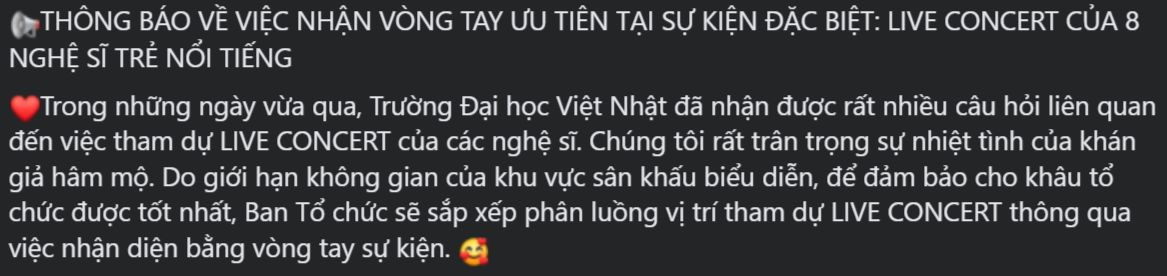 Thậm chí, trường cũng phải gọi sự kiện này như là "liveshow" của các nghệ sĩ và tiến hành phân luồng vị trí tham dự thông qua việc nhận diện bằng vòng tay sự kiện. Thậm chí, trường cũng phải gọi sự kiện này như là "liveshow" của các nghệ sĩ và tiến hành phân luồng vị trí tham dự thông qua việc nhận diện bằng vòng tay sự kiện.