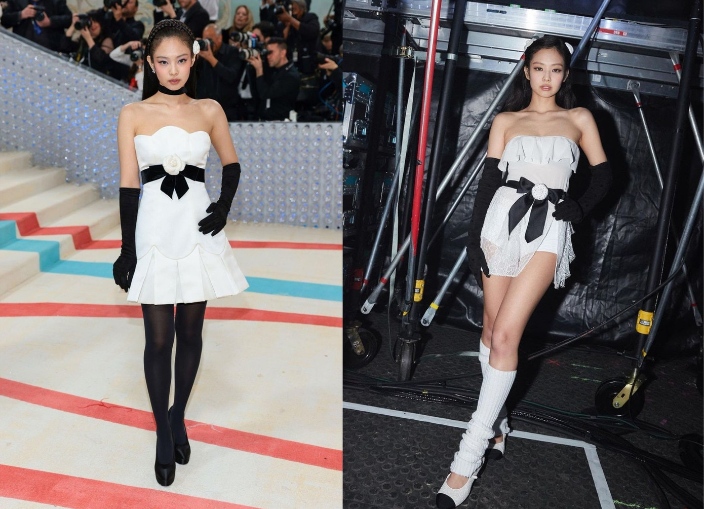 Tạo hình gần như tương đồng của Jennie tại Met Gala 2023 và trong sân khấu solo ở concert Born Pink tổ chức tại Paris (Pháp) vào cuối năm 2022.