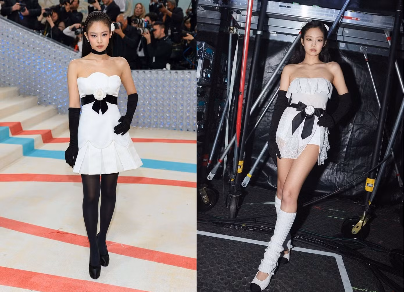 Tạo hình gần như tương đồng của Jennie tại Met Gala 2023 và trong sân khấu solo ở concert Born Pink tổ chức tại Paris (Pháp) vào cuối năm 2022. Tạo hình gần như tương đồng của Jennie tại Met Gala 2023 và trong sân khấu solo ở concert Born Pink tổ chức tại Paris (Pháp) vào cuối năm 2022.