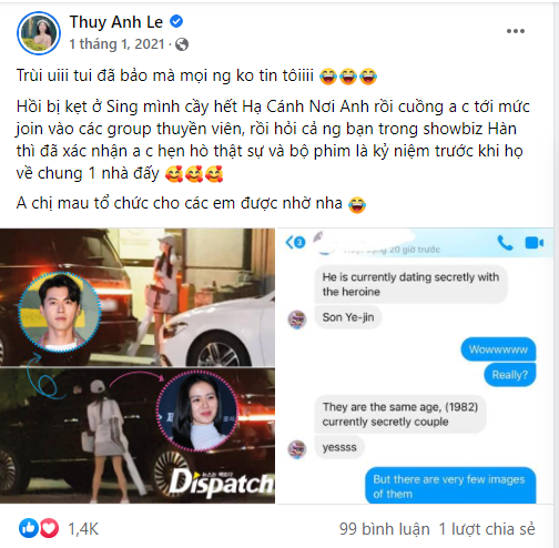 Bài viết của Thủy Anh được đăng ngay sau khi Dispatch tung ảnh hẹn hò của Hyun Bin và Son Ye Jin.