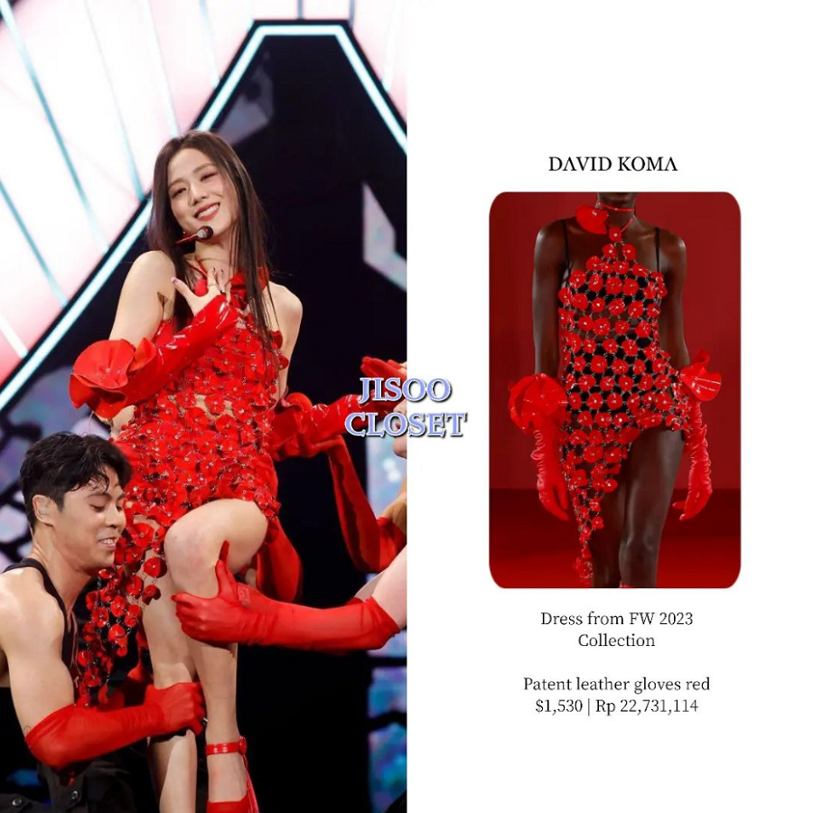 Jisoo đốt cháy sân khấu FLOWER cùng chiếc đầm hoa đỏ của thương hiệu David Koma, có giá 1.530 USD (gần 36 triệu VNĐ). - Ảnh: Jisoo closet