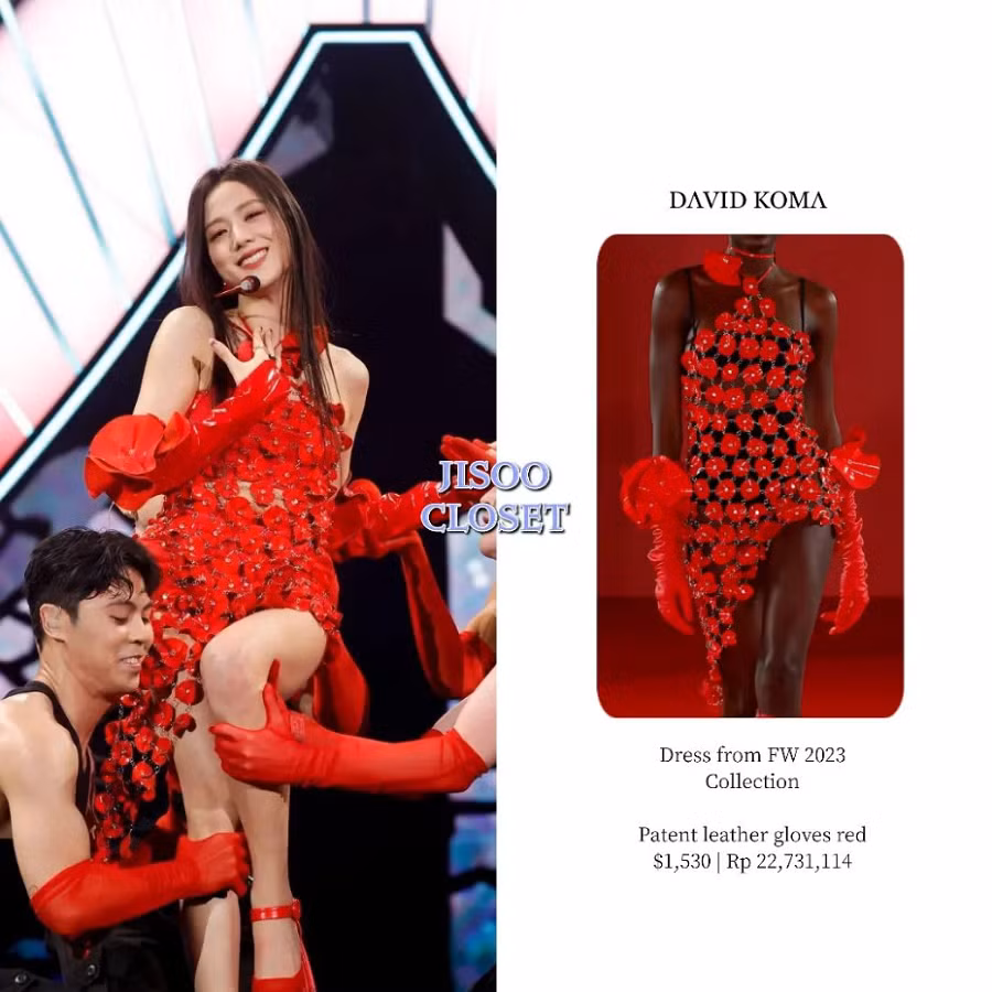 Jisoo đốt cháy sân khấu FLOWER cùng chiếc đầm hoa đỏ của thương hiệu David Koma, có giá 1.530 USD (gần 36 triệu VNĐ). - Ảnh: Jisoo closet