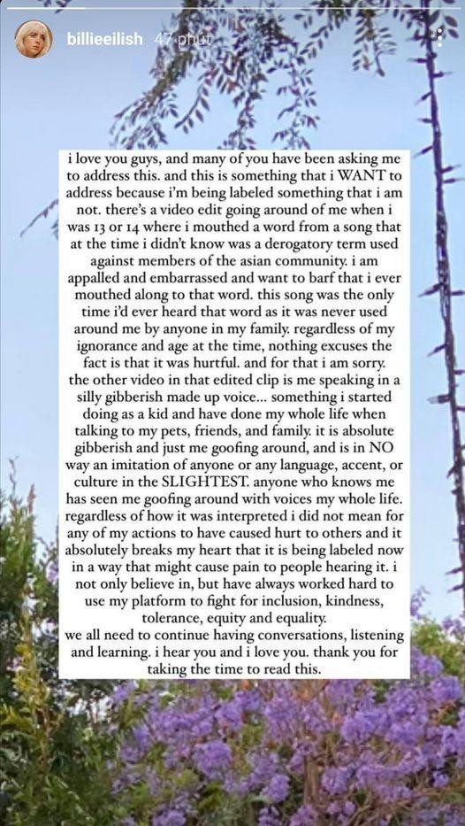 Billie Eilish làm rõ lùm xùm phân biệt chủng tộc trên Instagram Story. Billie Eilish làm rõ lùm xùm phân biệt chủng tộc trên Instagram Story.