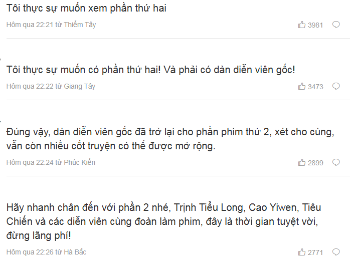 Bình luận trên Weibo của khán giả, bày tỏ ngóng chờ phần 2 với toàn bộ dàn diễn viên trở lại. Bình luận trên Weibo của khán giả, bày tỏ ngóng chờ phần 2 với toàn bộ dàn diễn viên trở lại.