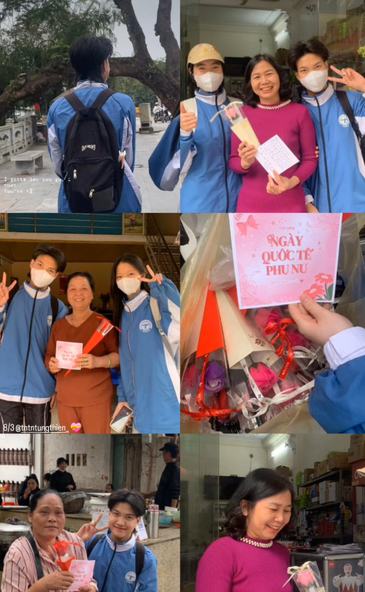 Một bông hoa xinh và một tấm thiệp gửi lời nhắn nhủ yêu thương được teen THPT Tùng Thiện trao tới không chỉ các cô giáo, nhân viên trong trường mà tới cả các cô bán hàng quanh trường, những người "cứu đói" teen mỗi giờ ra chơi, tan học. - Ảnh: Thùy Linh Một bông hoa xinh và một tấm thiệp gửi lời nhắn nhủ yêu thương được teen THPT Tùng Thiện trao tới không chỉ các cô giáo, nhân viên trong trường mà tới cả các cô bán hàng quanh trường, những người "cứu đói" teen mỗi giờ ra chơi, tan học. - Ảnh: Thùy Linh