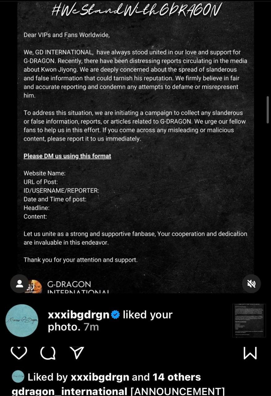 Nửa đêm 30/10, người hâm mộ phát hiện tài khoản chính thức của G-Dragon đã &quot;nhấn like&quot; bài đăng kêu gọi gửi ảnh chụp bài báo, video hoặc bình luận ác ý cho luật sư từ fan.