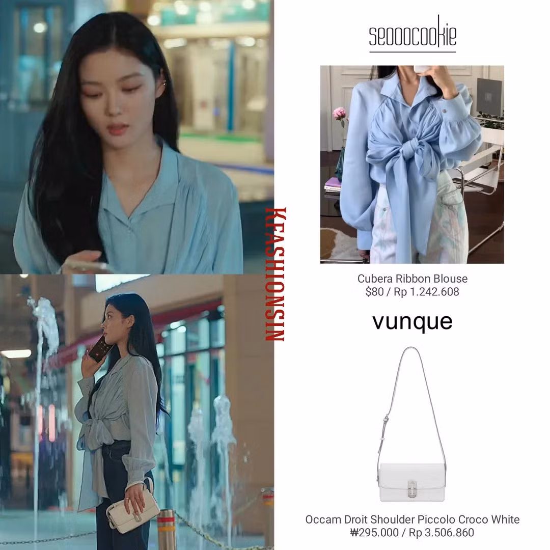 Chiếc áo thắt nơ màu xanh ngọc độc đáo mà Do Hee mặc ngày bị Gu Won kéo xuống sông cũng chỉ có giá 80 USD (hơn 1,9 triệu đồng). - Ảnh: Kfashionsin