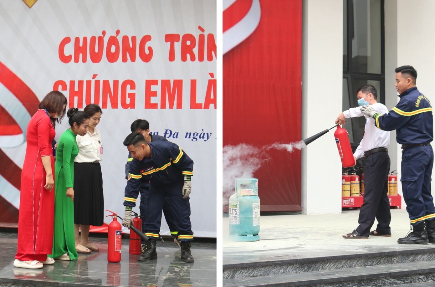 Các thầy cô cũng được trải nghiệm chữa cháy dưới sự hướng dẫn của các chuyên gia.