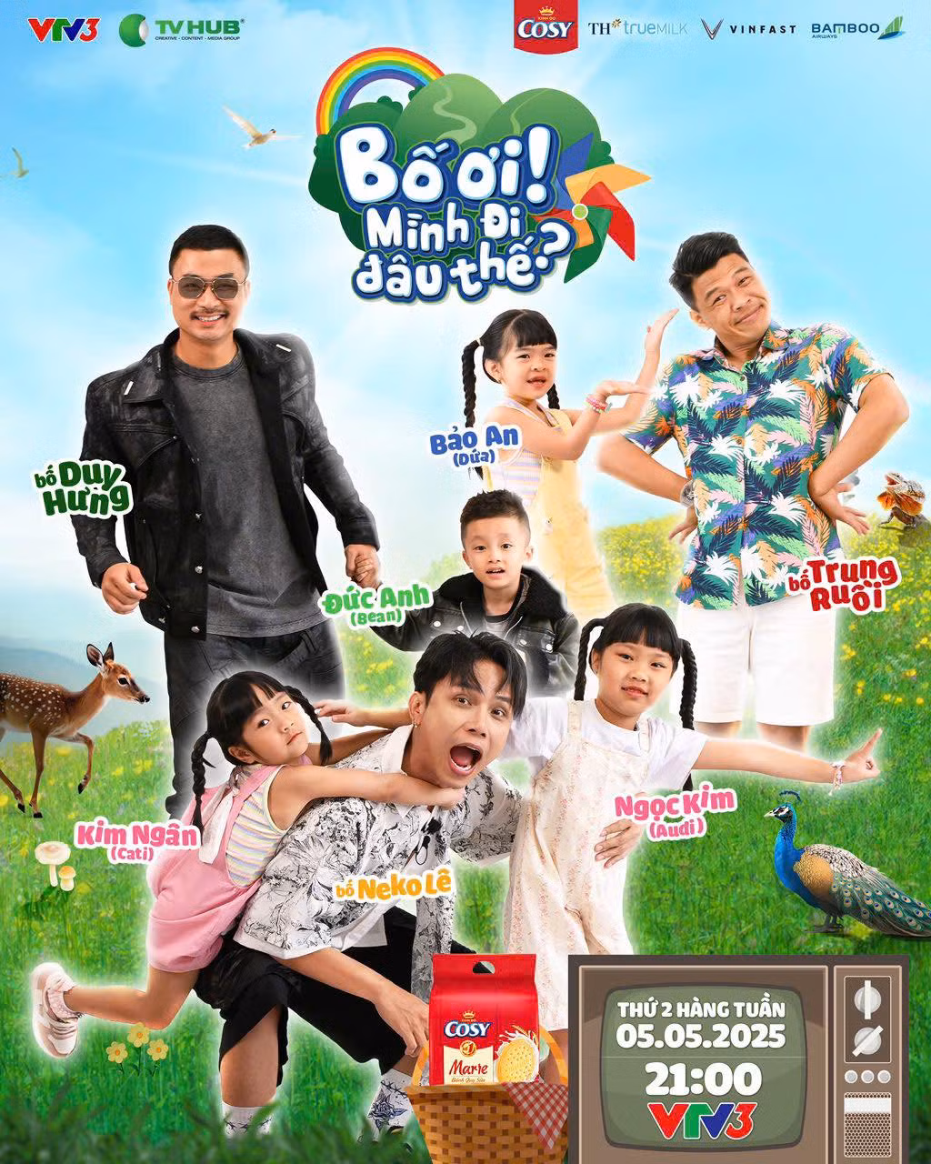 Dàn cast chính thức của Bố ơi mình đi đâu thế? mùa 5 gọi tên: Bố Duy Hưng - bé Bean, bố Neko Lê - bé Audi &amp; Cati, bố Trung Ruồi - bé Dứa, bố Hoàng Trung - bé MinHee, bố Thái Hòa - bé Minh Khôi.