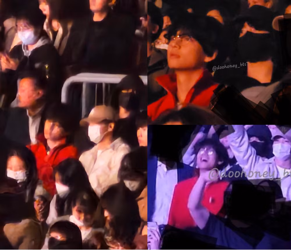 Park Hyung Sik (đội mũ, áo trắng) được cho là cũng tới concert chung với BTS, đứng cạnh V.