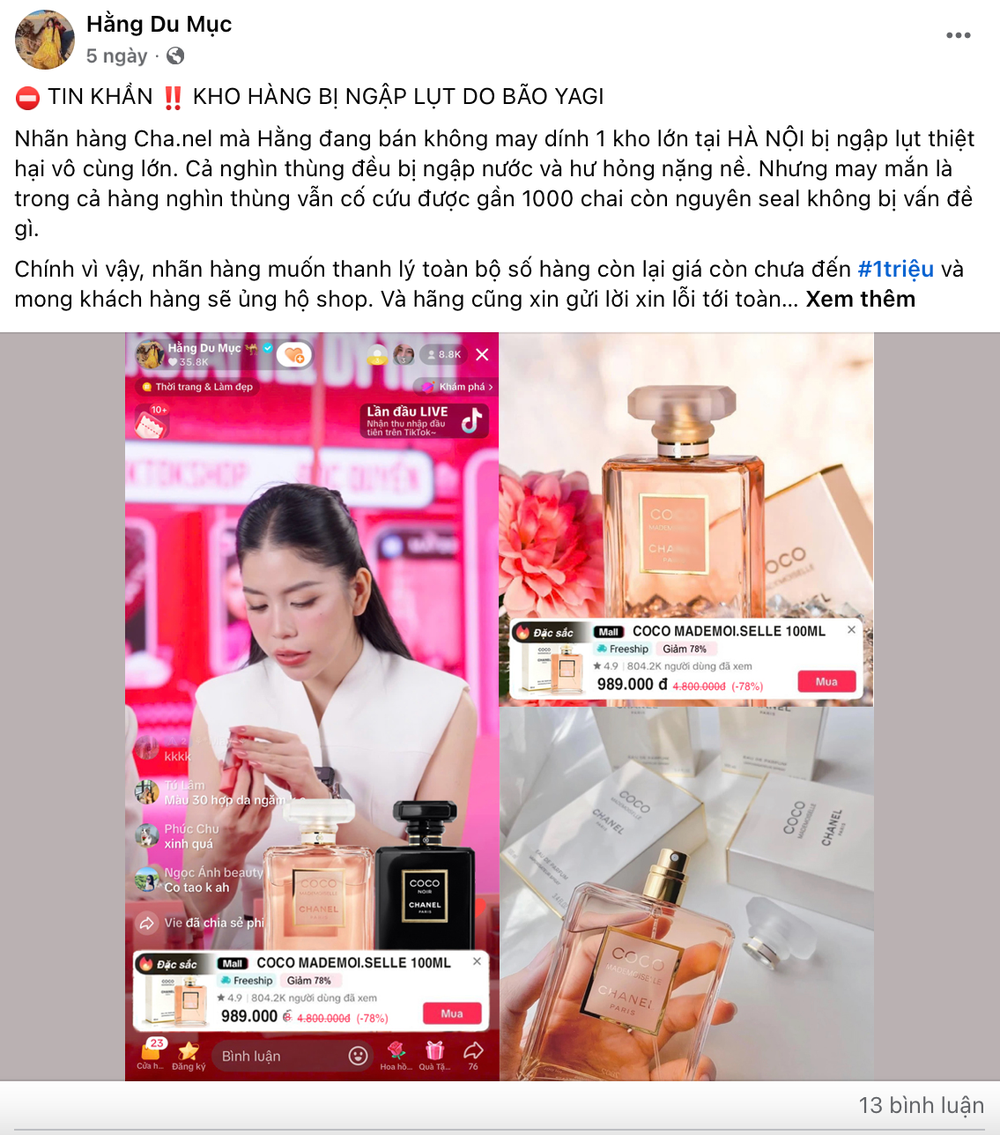 Tài khoản giả mạo Hằng Du Mục bán nước hoa. Trên thực tế, tài khoản tick xanh của Hằng Du Mục không bán sản phẩm này.