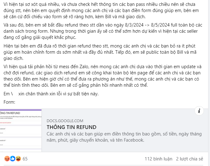 Thông báo mới nhất từ phía S. yêu cầu mọi người điền form để giải quyết vụ việc.