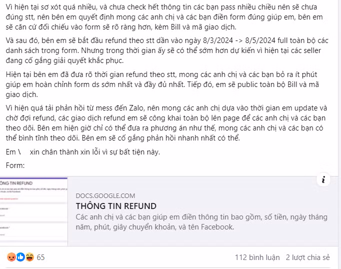 Thông báo mới nhất từ phía S. yêu cầu mọi người điền form để giải quyết vụ việc.