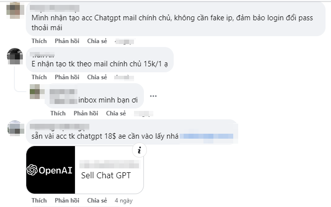 Chỉ cần để lại bình luận hoặc đăng bài muốn có tài khoản ChatGPT trên các hội nhóm, người dùng sẽ nhận được lời chào mời từ nhiều acc nhận tạo tài khoản ChatGPT. Chỉ cần để lại bình luận hoặc đăng bài muốn có tài khoản ChatGPT trên các hội nhóm, người dùng sẽ nhận được lời chào mời từ nhiều acc nhận tạo tài khoản ChatGPT.
