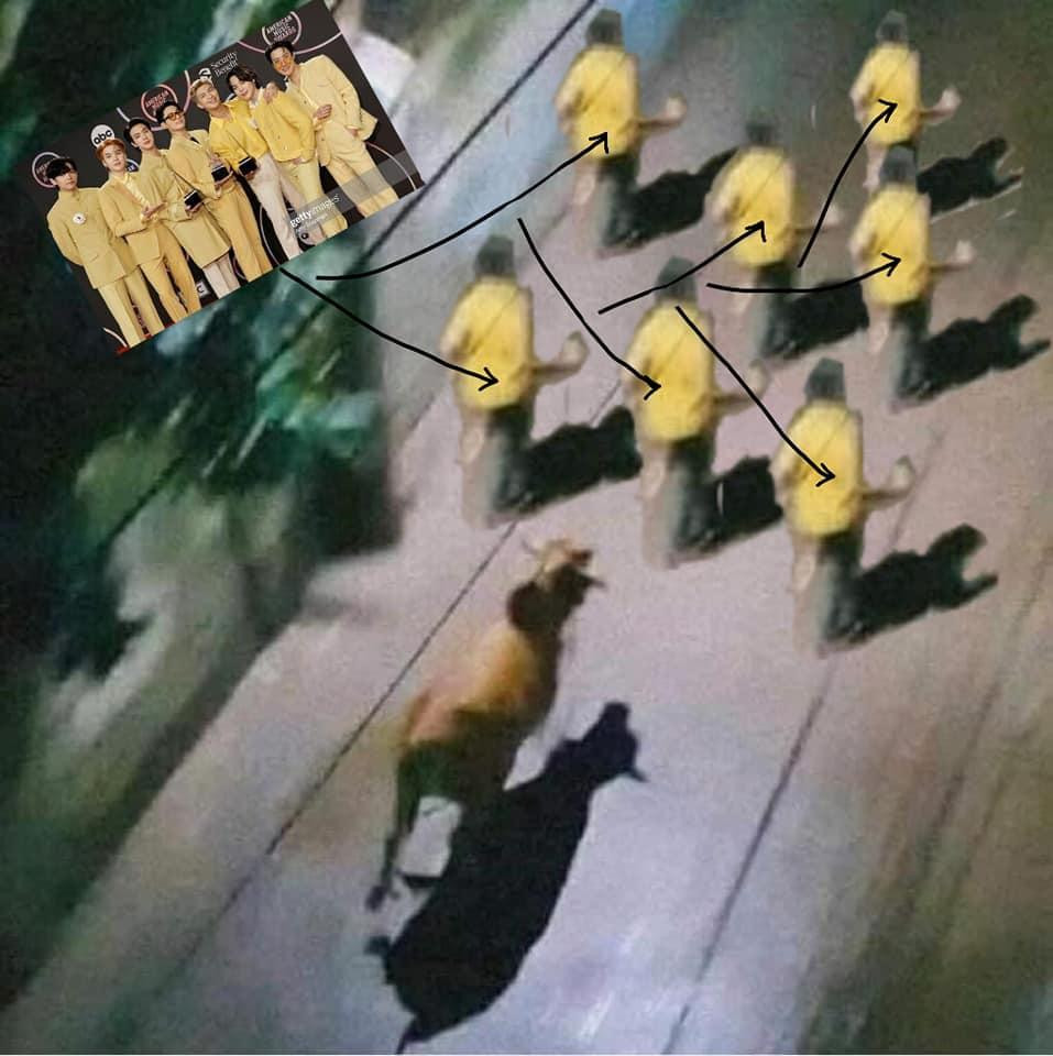 BTS cũng được fan chế cảnh bị bò rượt cả nhóm giữa đêm. - Nguồn: Vừa uống trà vừa hóng thị phi