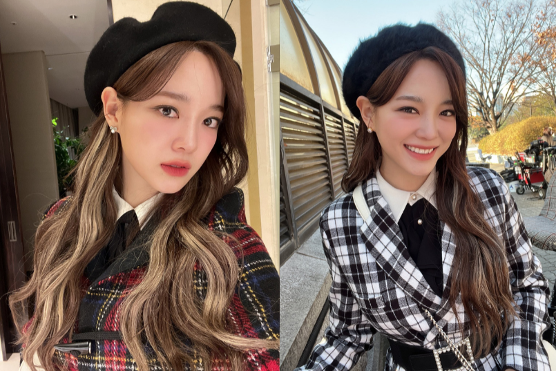 Không chỉ ưu ái họa tiết caro, áo croptop mà mũ nồi cũng là món phụ kiện được Shin Geum Hui yêu thích.