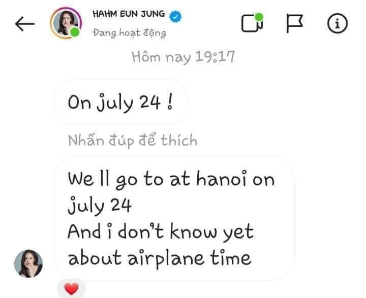 Đại diện cộng đồng fan của T-ARA tại Việt Nam - BewithHahm đã nhận được tin nhắn xác nhận từ Eun Jung về lịch trình tại Hà Nội vào ngày 24/7. - Nguồn: BewithHahm Đại diện cộng đồng fan của T-ARA tại Việt Nam - BewithHahm đã nhận được tin nhắn xác nhận từ Eun Jung về lịch trình tại Hà Nội vào ngày 24/7. - Nguồn: BewithHahm