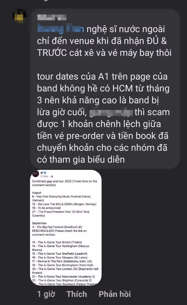 Người này cho rằng BTC chỉ "mời lơi" A1 để lừa đảo một khoản tiền vé.