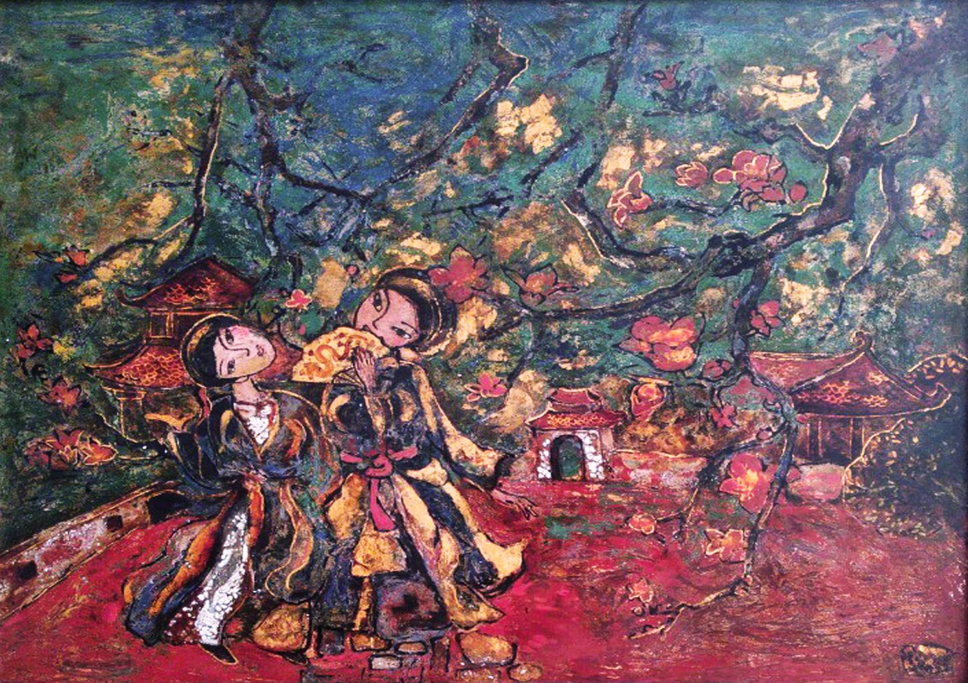 Cũng mang gợi nhớ văn hóa Việt xưa, nhưng họa sĩ Phạm Hồng Phương lại có cách thể hiện phá cách trong bức tranh sơn mài Chiều trên Phủ. Cũng mang gợi nhớ văn hóa Việt xưa, nhưng họa sĩ Phạm Hồng Phương lại có cách thể hiện phá cách trong bức tranh sơn mài Chiều trên Phủ.