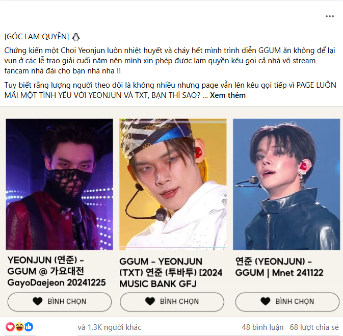 Một fanpage của Yeonjun cũng "lạm quyền" (icon chim cánh cụt - ý chỉ nói đùa) để kêu gọi bình chọn và "cày view" cho anh cả TXT.