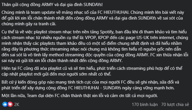 FC HIEUTHUHAI cũng đã lên tiếng xin lỗi, cam kết xóa tất cả các playlist được thực hiện theo phương pháp trên. FC HIEUTHUHAI cũng đã lên tiếng xin lỗi, cam kết xóa tất cả các playlist được thực hiện theo phương pháp trên.