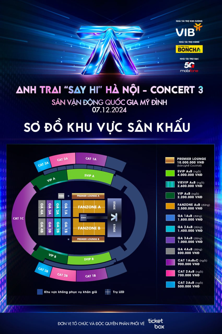 Sơ đồ chỗ ngồi tại 3 concert được tổ chức ở SVĐ Mỹ Đình (Hà Nội). Sơ đồ chỗ ngồi tại 3 concert được tổ chức ở SVĐ Mỹ Đình (Hà Nội).