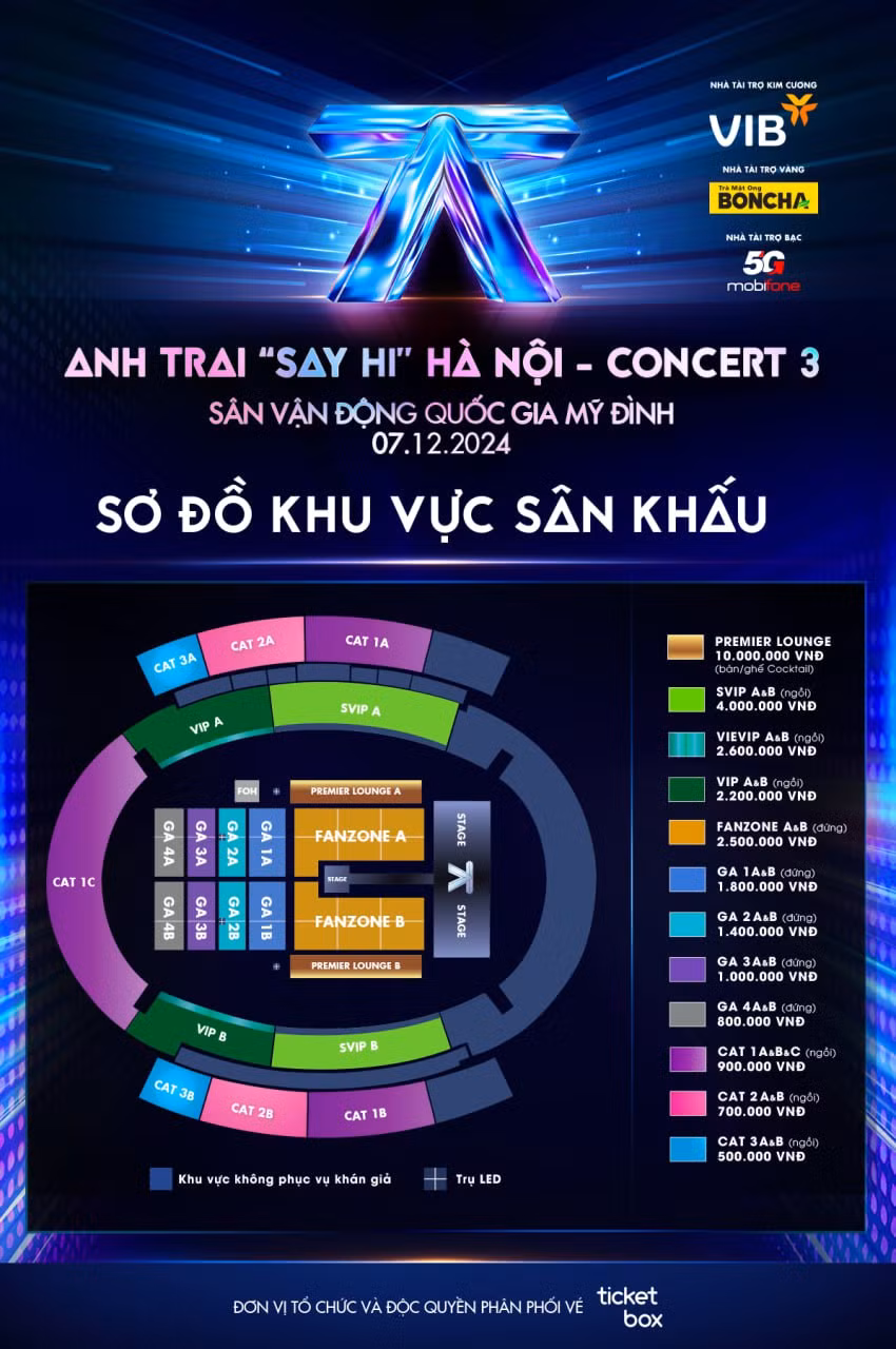 Sơ đồ chỗ ngồi tại 3 concert được tổ chức ở SVĐ Mỹ Đình (Hà Nội). Sơ đồ chỗ ngồi tại 3 concert được tổ chức ở SVĐ Mỹ Đình (Hà Nội).