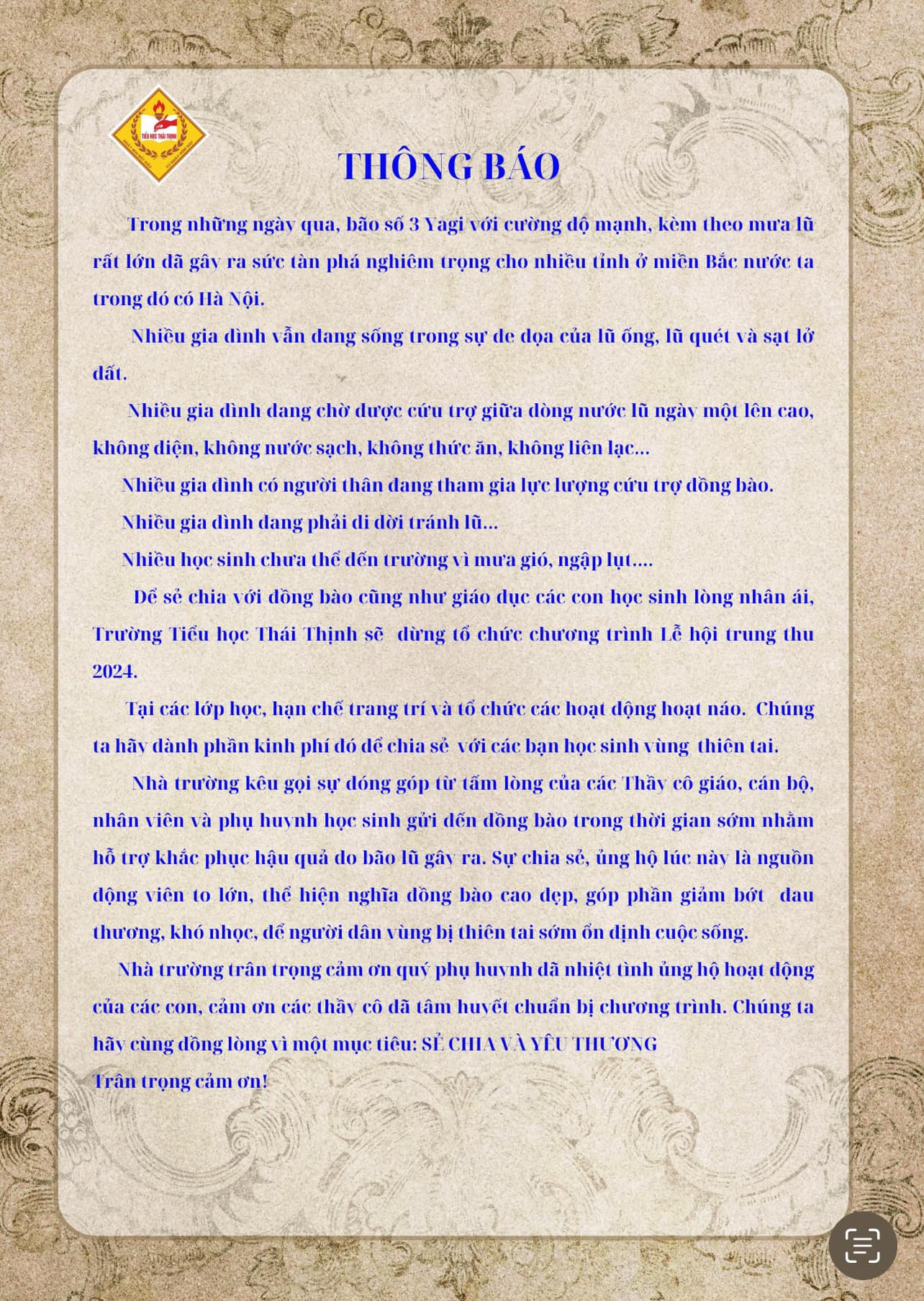 Thông báo của trường Tiểu học Thái Thịnh. Thông báo của trường Tiểu học Thái Thịnh.