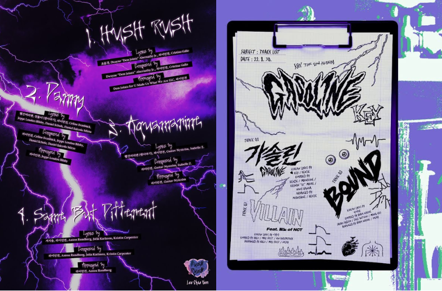 Cư dân mạng chỉ ra điểm tương đồng trong bố cục và thiết kế tia chớp trong ảnh giới thiệu tracklist HUSH RUSH của Lee Chaeyeon và tracklist của Key với Gasoline. Cư dân mạng chỉ ra điểm tương đồng trong bố cục và thiết kế tia chớp trong ảnh giới thiệu tracklist HUSH RUSH của Lee Chaeyeon và tracklist của Key với Gasoline.