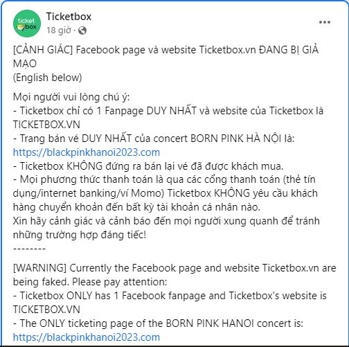 Fanpage chính thức của Ticketbox đăng bài cảnh báo về web đặt vé giả.