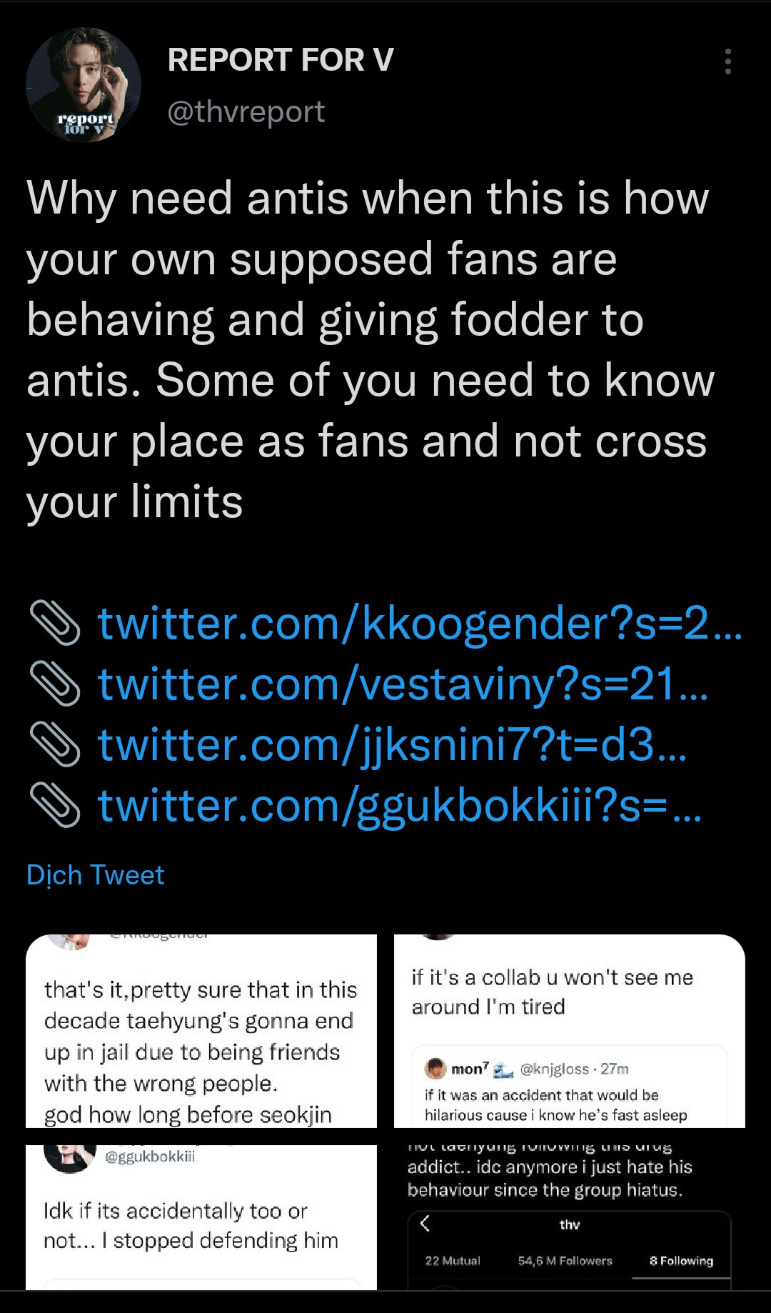 Các bài đăng kêu gọi report của ARMY trên Twitter, để những hành động quá khích trên không làm ảnh hưởng đến thần tượng. Các bài đăng kêu gọi report của ARMY trên Twitter, để những hành động quá khích trên không làm ảnh hưởng đến thần tượng.