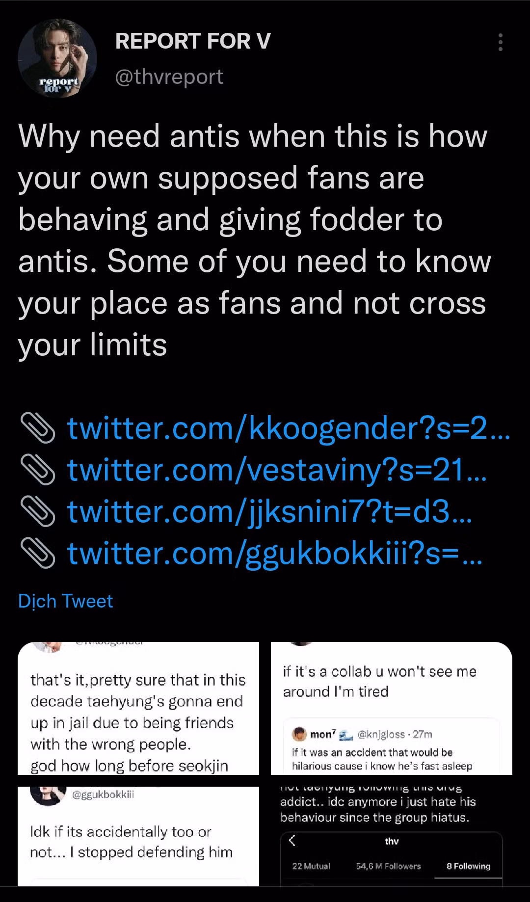 Các bài đăng kêu gọi report của ARMY trên Twitter, để những hành động quá khích trên không làm ảnh hưởng đến thần tượng.