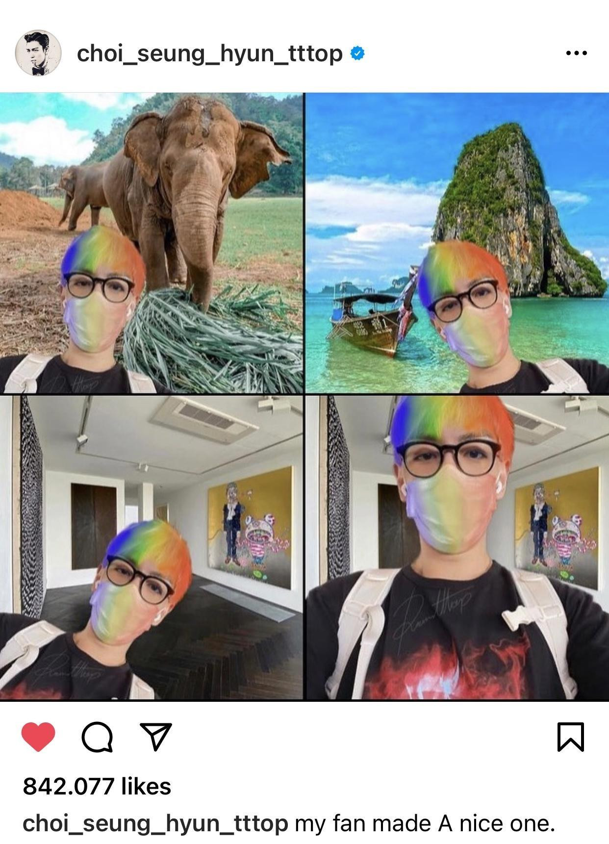 T.O.P cũng chẳng ngại đăng ảnh chế của fan lên tài khoản cá nhân. Nhờ công của fan mà anh chàng đổi luôn màu tóc cầu vồng, đi khắp thế giới chỉ bằng một tấm selfie. T.O.P cũng chẳng ngại đăng ảnh chế của fan lên tài khoản cá nhân. Nhờ công của fan mà anh chàng đổi luôn màu tóc cầu vồng, đi khắp thế giới chỉ bằng một tấm selfie.