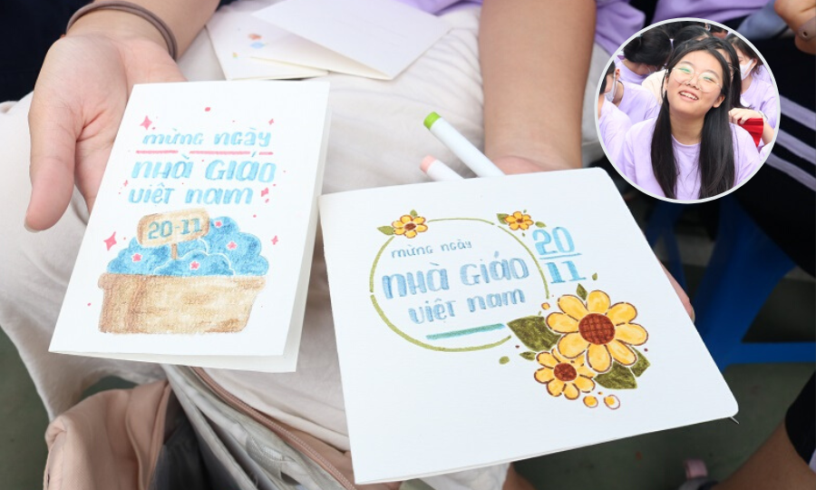 Trước &quot;giờ G&quot;, tween tranh thủ vui đùa, selfie... tại chỗ ngồi. Cô bạn Khánh Linh (lớp 9A02) còn tranh thủ thời gian tự làm thiệp để đại diện lớp gửi tặng các thầy cô.