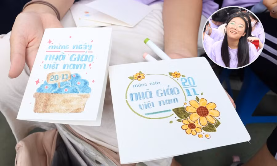 Trước "giờ G", tween tranh thủ vui đùa, selfie... tại chỗ ngồi. Cô bạn Khánh Linh (lớp 9A02) còn tranh thủ thời gian tự làm thiệp để đại diện lớp gửi tặng các thầy cô.