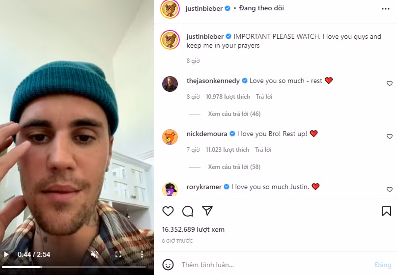Justin đăng video thông báo trên Instagram.