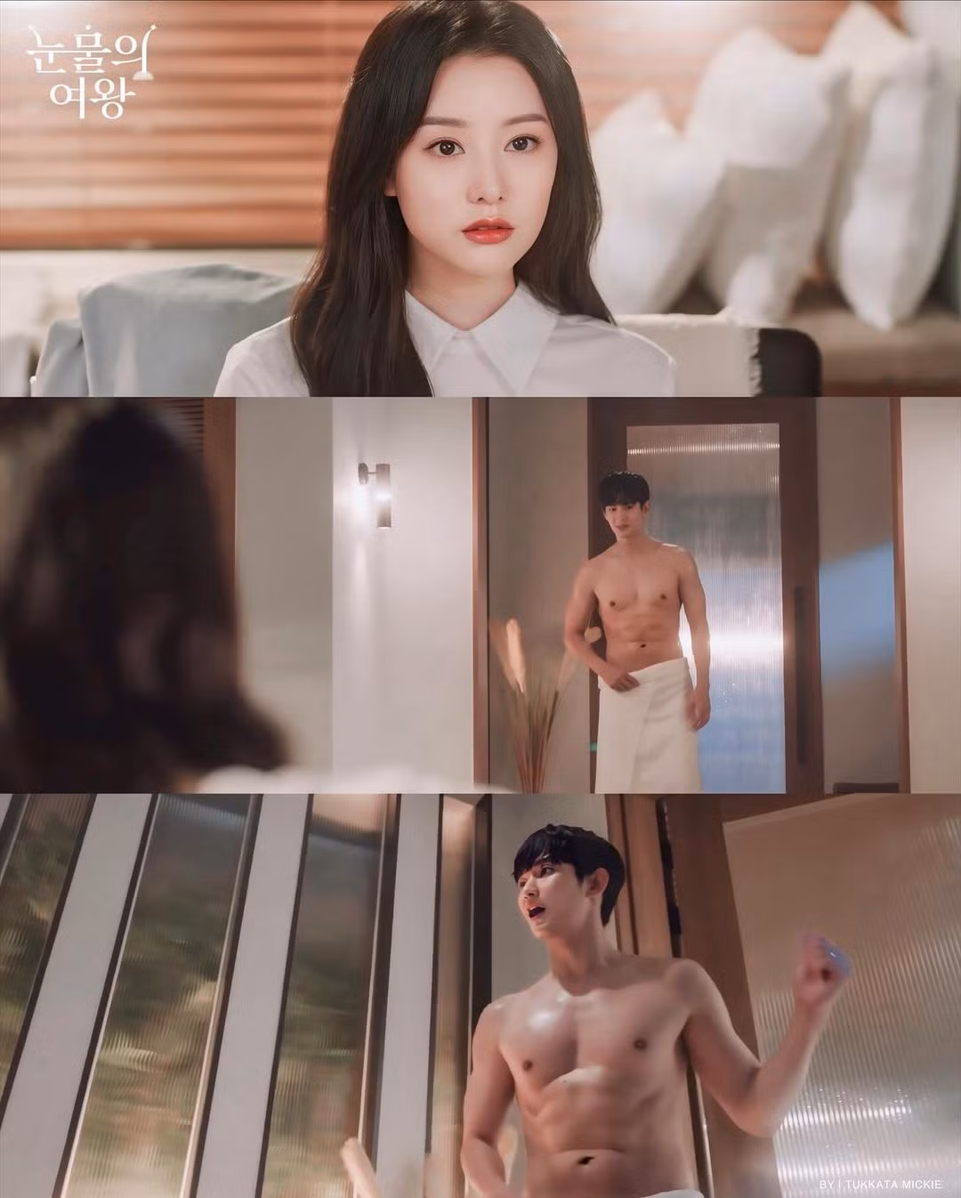 "Flex" body 6 múi chỉ là vô tình của Baek Hyun Woo khiến Hong Hae In lẫn người xem đều "gục ngã". Cảnh này xuất hiện trong đầu tập 3 của Queen of Tears.