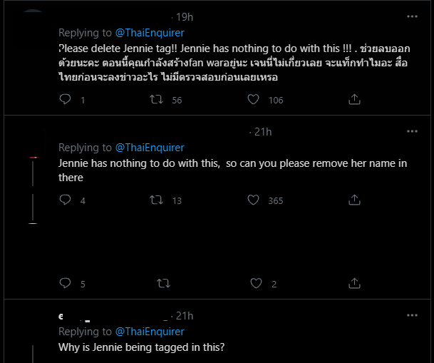 Bên dưới bài đăng của Thai Enquirer, fan yêu cầu trang tin xóa hashtag #Jennie.