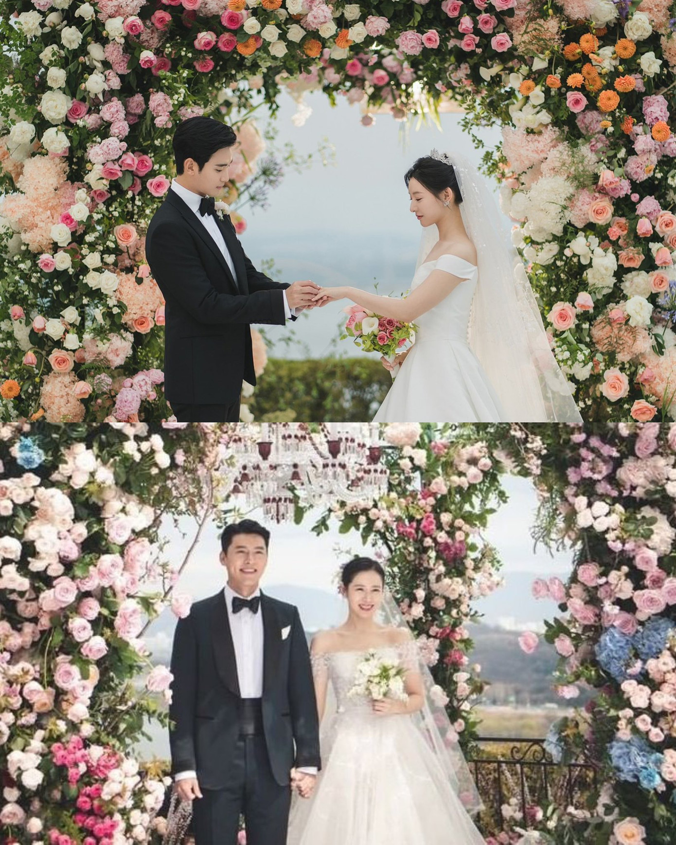 Vòm hoa ở hai đầu lễ đường được trang trí bằng hoa hồng màu trắng và hồng chủ đạo của Queen of Tears làm nhiều người xem nhớ ngay tới đám cưới của BinJin.