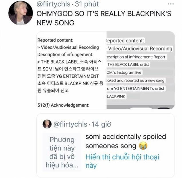 Một fan đã đăng lại livestream của Somi và bị YG Ent gỡ bỏ. Một fan đã đăng lại livestream của Somi và bị YG Ent gỡ bỏ.