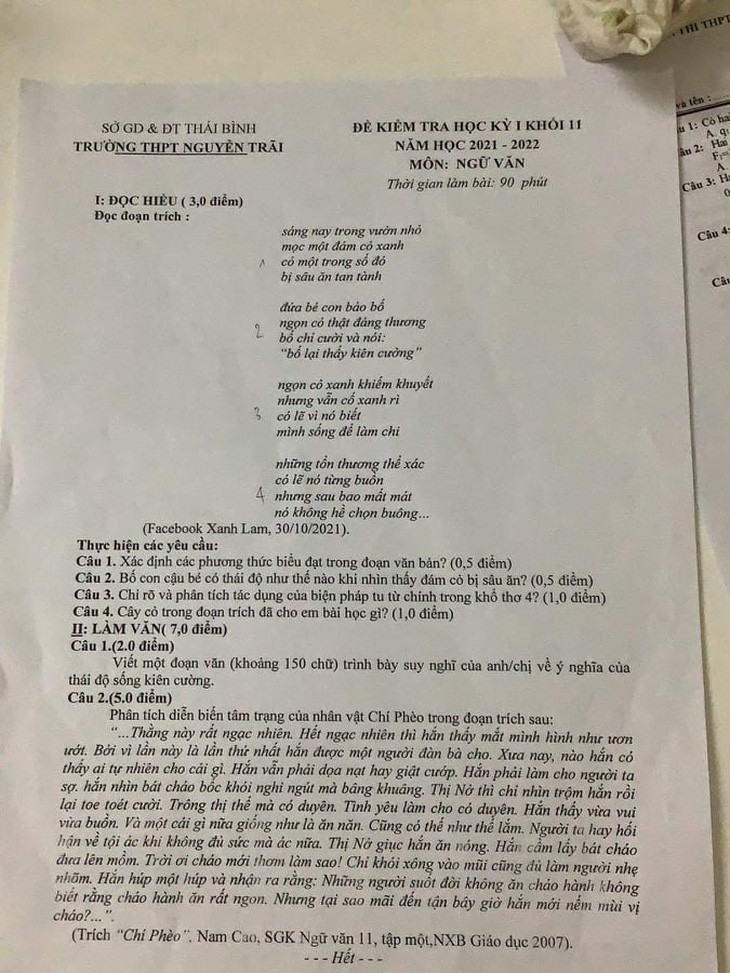 Một trong những bài thơ của Lam từng được đưa vào đề thi môn Ngữ văn lớp 11 của trường THPT Nguyễn Trãi (Thái Bình). Ảnh: Tuổi Trẻ Online