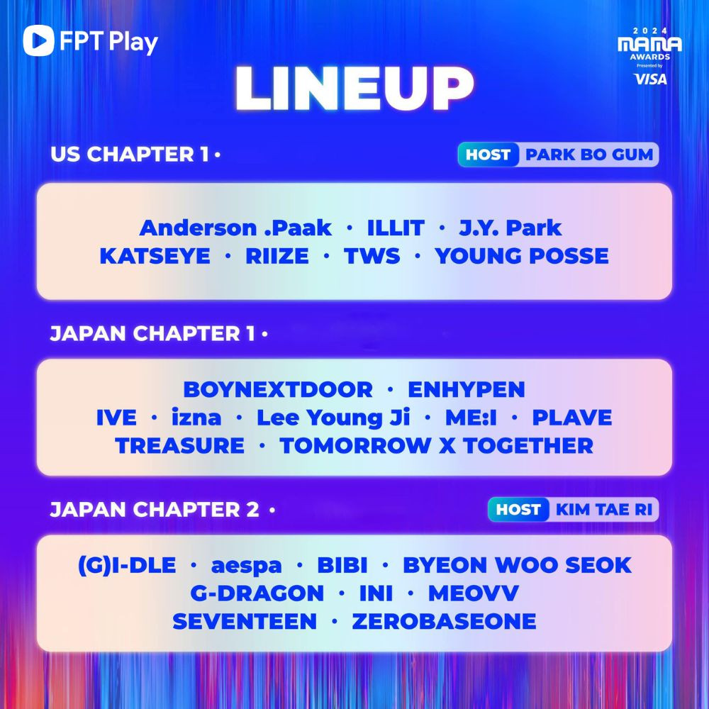 Danh sách nghệ sĩ biểu diễn trong 3 ngày của MAMA 2024, khán giả Việt có thể theo dõi qua FPT Play. Danh sách nghệ sĩ biểu diễn trong 3 ngày của MAMA 2024, khán giả Việt có thể theo dõi qua FPT Play.