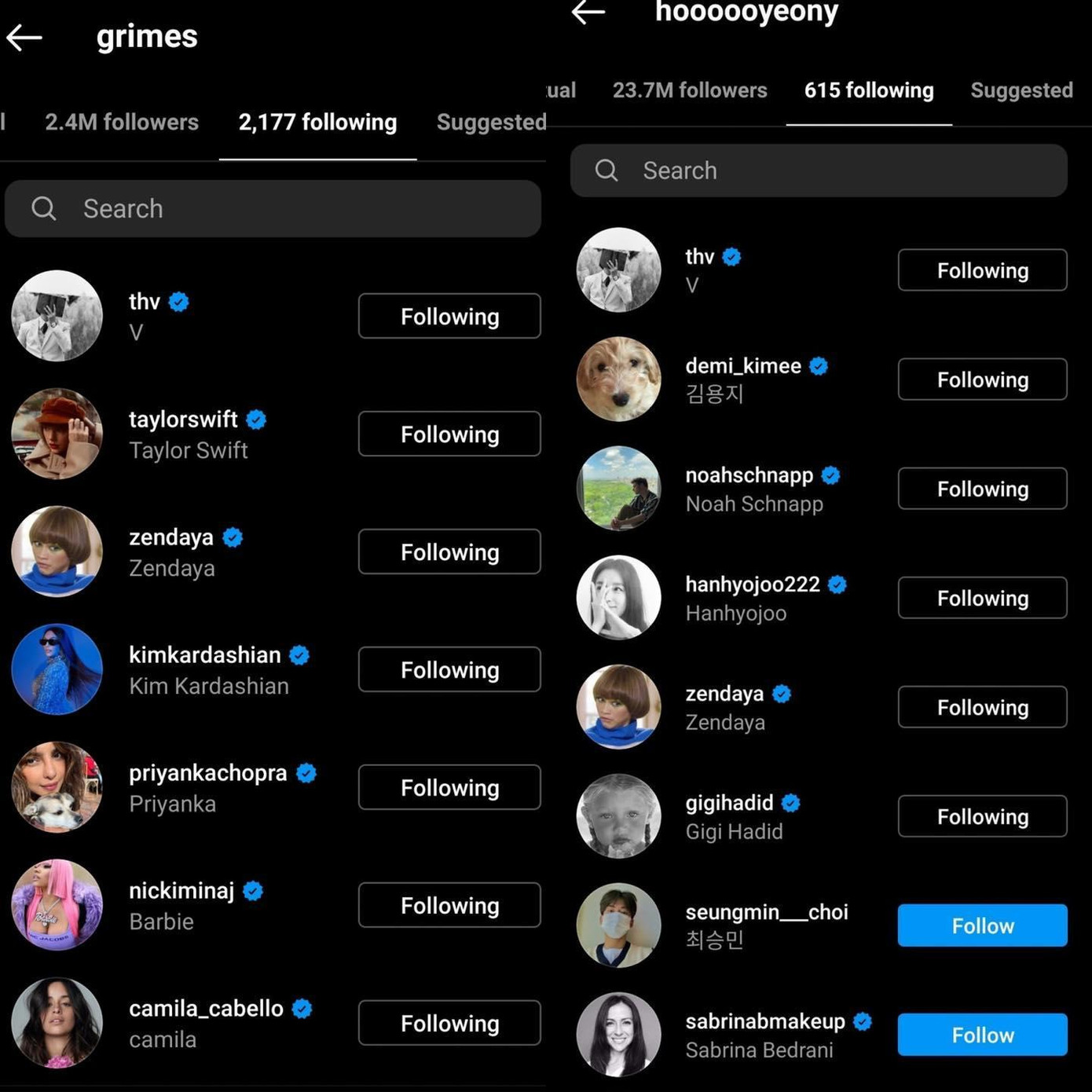 Hai nguời bạn thân của Jennie đều follow V trên Instagram.