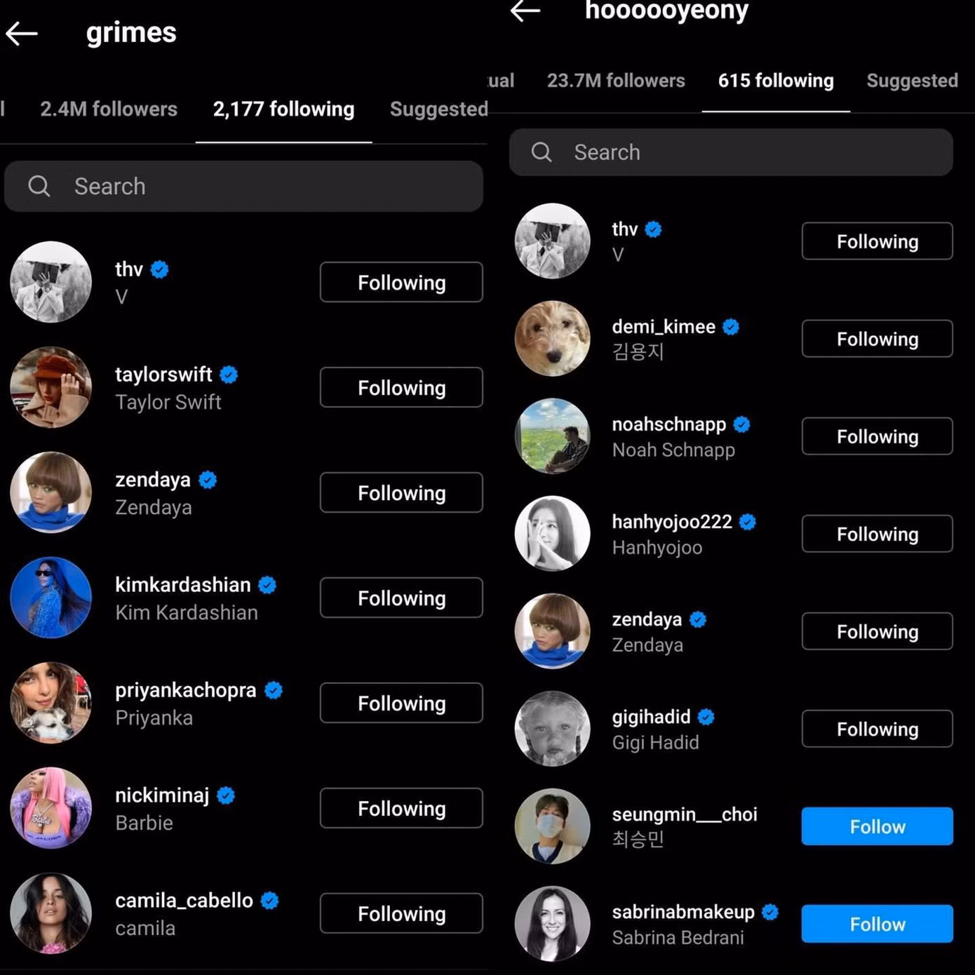 Hai nguời bạn thân của Jennie đều follow V trên Instagram.